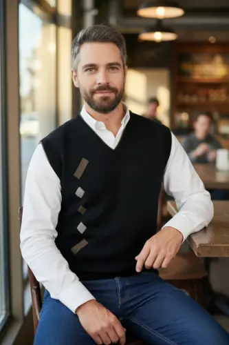 Men's Steel Knit Interlock Winter Thick Knit V-Neck Sweater Non-Pilling Dad Sweater 