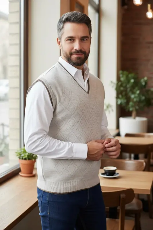 Men's Steel Knit Interlock Winter Thick Knit V Neck Sweater Non-Pilling Dad Sweater Oversize - 4