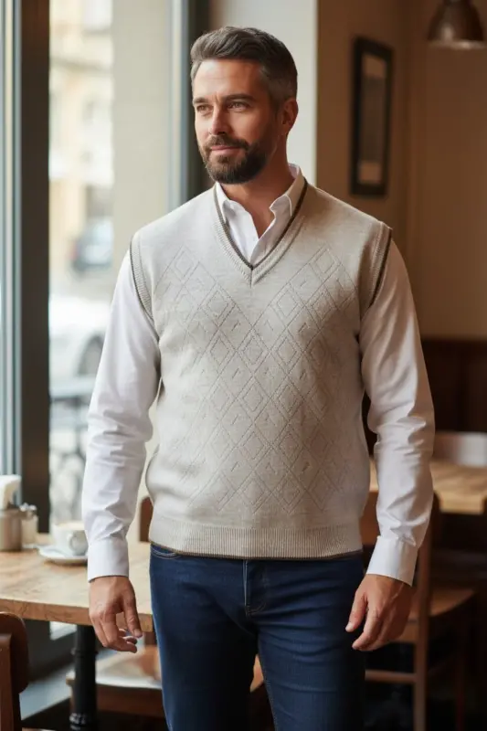 Men's Steel Knit Interlock Winter Thick Knit V Neck Sweater Non-Pilling Dad Sweater Oversize - 7