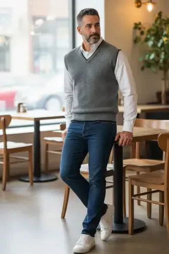Men's Steel Knit Interlock Winter Thick Knit V Neck Sweater Non-Pilling Dad Sweater Oversize - 1