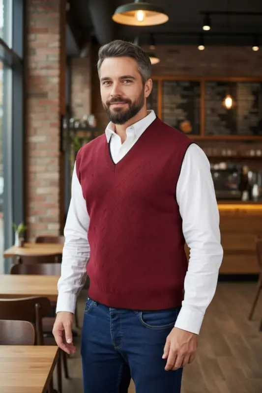 Men's Steel Knit Intersia Winter Thick Knit V-Neck Sweater Non-Pilling Dad Sweater Oversize - 6