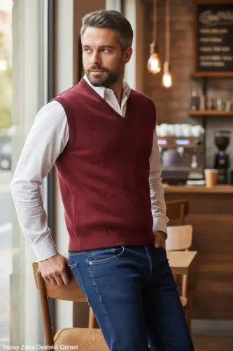 Men's Steel Knit Intersia Winter Thick Knit V-Neck Sweater Non-Pilling Dad Sweater Oversize - 5
