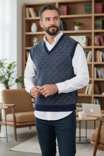 Men's Steel Knit Plaid Pattern Winter Thick Knit V Neck Knit Sweater Non-Pilling Dad Sweater Regular - 1