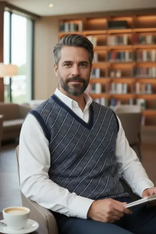 Men's Steel Knit Plaid Pattern Winter Thick Knit V Neck Knit Sweater Non-Pilling Dad Sweater Regular - 2