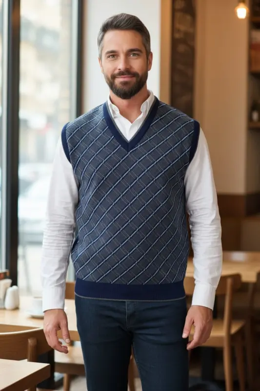 Men's Steel Knit Plaid Pattern Winter Thick Knit V Neck Knit Sweater Non-Pilling Dad Sweater Regular - 3