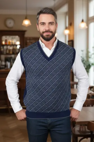 Men's Steel Knit Plaid Pattern Winter Thick Knit V Neck Knit Sweater Non-Pilling Dad Sweater Regular - 7