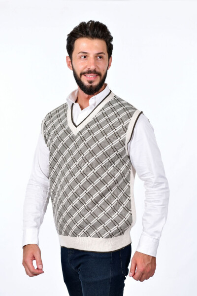 Men's Steel Knit Plaid Pattern Winter Thick Knit V-Neck Knit Sweater Non-Pilling Dad Sweater Regular - 5