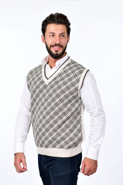 Men's Steel Knit Plaid Pattern Winter Thick Knit V-Neck Knit Sweater Non-Pilling Dad Sweater Regular - 2