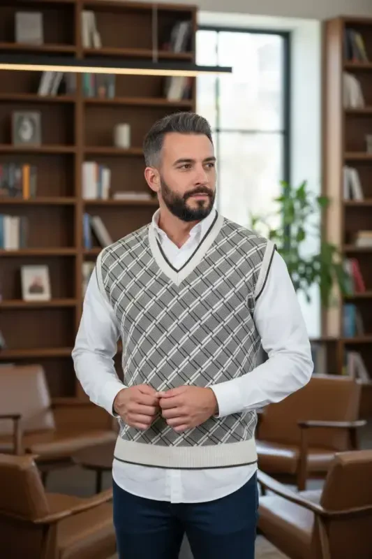 Men's Steel Knit Plaid Pattern Winter Thick Knit V-Neck Knit Sweater Non-Pilling Dad Sweater Regular - 1