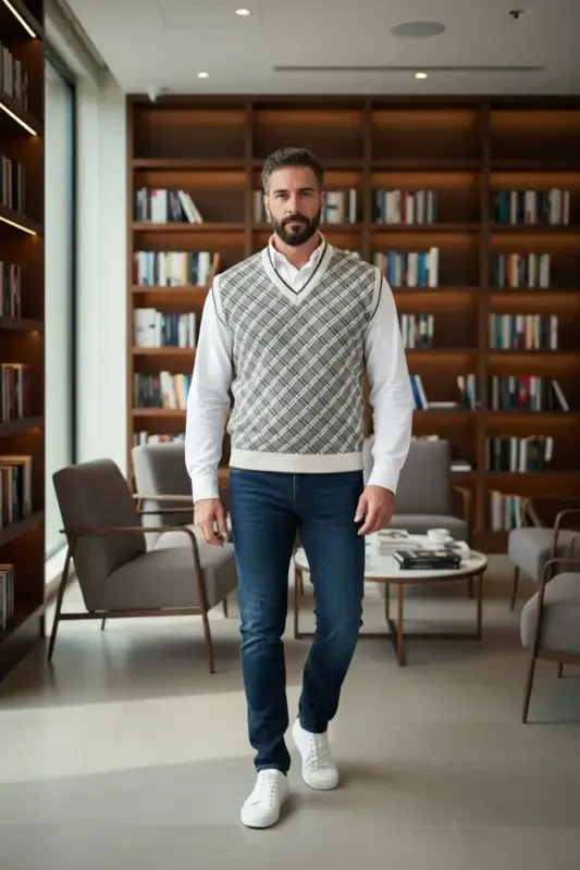 Men's Steel Knit Plaid Pattern Winter Thick Knit V-Neck Knit Sweater Non-Pilling Dad Sweater Regular - 3