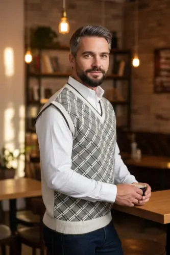 Men's Steel Knit Plaid Pattern Winter Thick Knit V-Neck Knit Sweater Non-Pilling Dad Sweater Regular 
