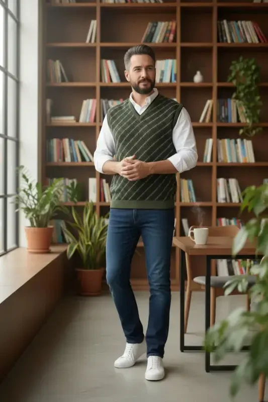 Men's Steel Knit Plaid Pattern Winter Thick Knit V-Neck Knit Sweater Non-Pilling Dad Sweater Regular - 1