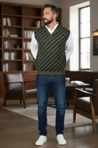 Men's Steel Knit Plaid Pattern Winter Thick Knit V-Neck Knit Sweater Non-Pilling Dad Sweater Regular - KAMALI (1)