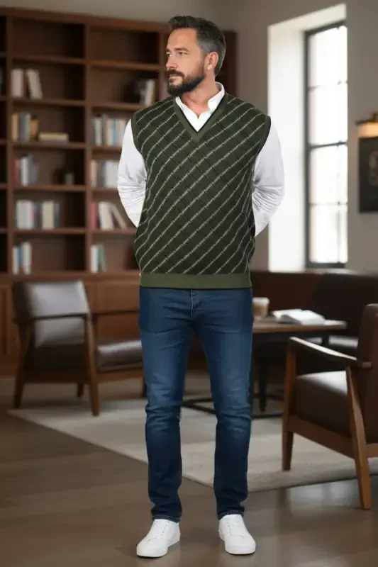 Men's Steel Knit Plaid Pattern Winter Thick Knit V-Neck Knit Sweater Non-Pilling Dad Sweater Regular - 2