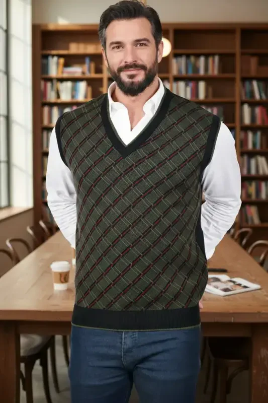 Men's Steel Knit Plaid Pattern Winter Thick Knit V-Neck Knit Sweater Non-Pilling Dad Sweater Regular - 1