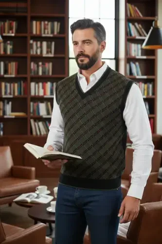 Men's Steel Knit Plaid Pattern Winter Thick Knit V-Neck Knit Sweater Non-Pilling Dad Sweater Regular - 3