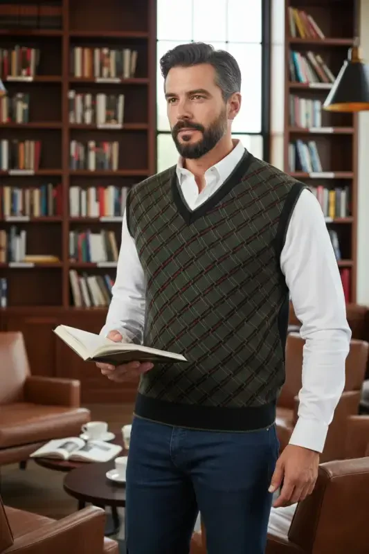 Men's Steel Knit Plaid Pattern Winter Thick Knit V-Neck Knit Sweater Non-Pilling Dad Sweater Regular - 3