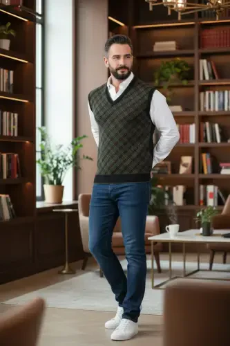 Men's Steel Knit Plaid Pattern Winter Thick Knit V-Neck Knit Sweater Non-Pilling Dad Sweater Regular - 5