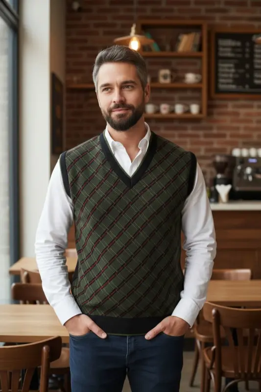 Men's Steel Knit Plaid Pattern Winter Thick Knit V-Neck Knit Sweater Non-Pilling Dad Sweater Regular - 2