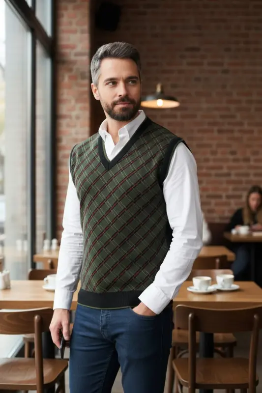 Men's Steel Knit Plaid Pattern Winter Thick Knit V-Neck Knit Sweater Non-Pilling Dad Sweater Regular - 6