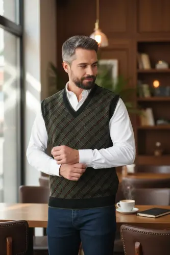 Men's Steel Knit Plaid Pattern Winter Thick Knit V-Neck Knit Sweater Non-Pilling Dad Sweater Regular - 7