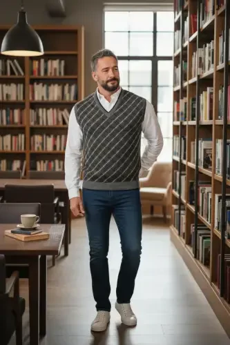 Men's Steel Knit Plaid Pattern Winter Thick Knit V-Neck Knit Sweater Non-Pilling Dad Sweater Regular - 1