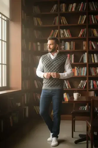 Men's Steel Knit Plaid Pattern Winter Thick Knit V-Neck Knit Sweater Non-Pilling Dad Sweater Regular - 3