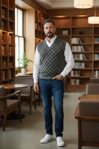 Men's Steel Knit Plaid Pattern Winter Thick Knit V-Neck Knit Sweater Non-Pilling Dad Sweater Regular - 5