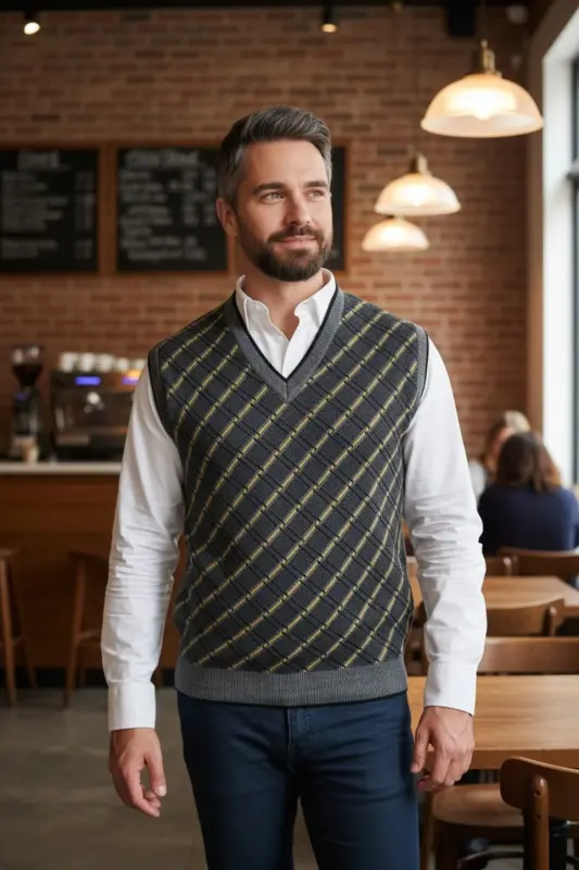 Men's Steel Knit Plaid Pattern Winter Thick Knit V-Neck Knit Sweater Non-Pilling Dad Sweater Regular - 4
