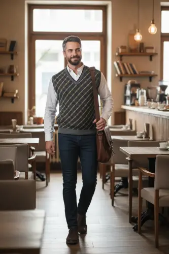 Men's Steel Knit Plaid Pattern Winter Thick Knit V-Neck Knit Sweater Non-Pilling Dad Sweater Regular - 5