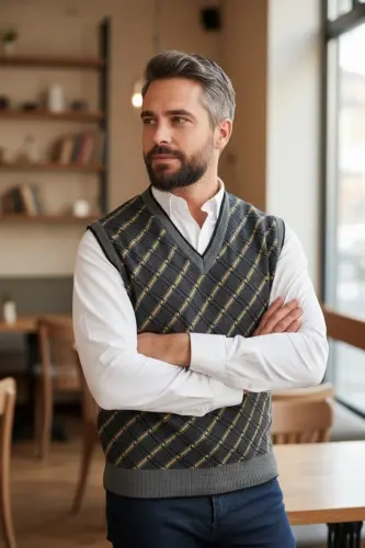 Men's Steel Knit Plaid Pattern Winter Thick Knit V-Neck Knit Sweater Non-Pilling Dad Sweater Regular - 7