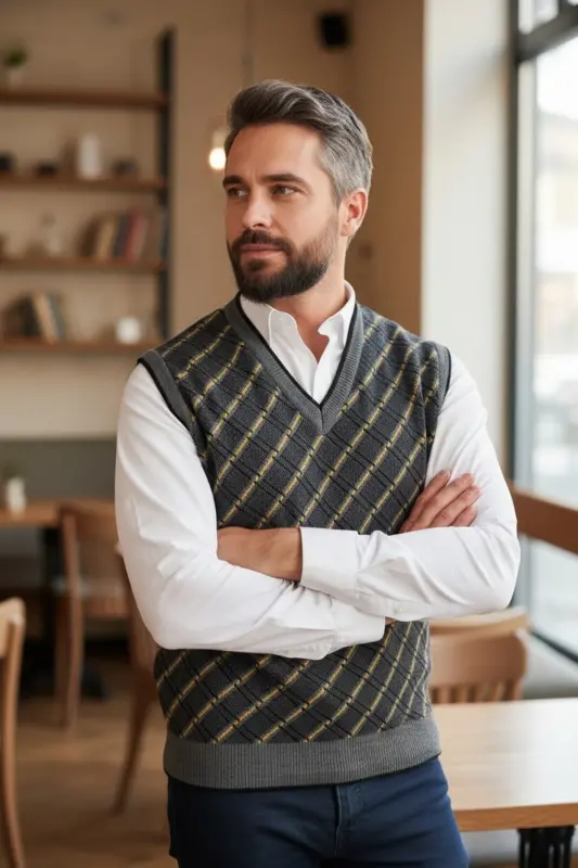 Men's Steel Knit Plaid Pattern Winter Thick Knit V-Neck Knit Sweater Non-Pilling Dad Sweater Regular - 7