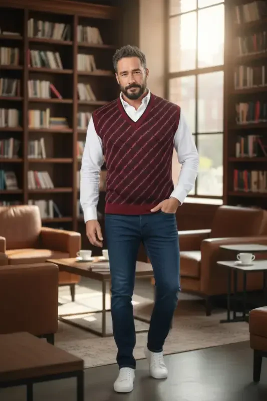 Men's Steel Knit Plaid Pattern Winter Thick Knit V Neck Sweater Non-Pilling Dad Sweater Regular - 1