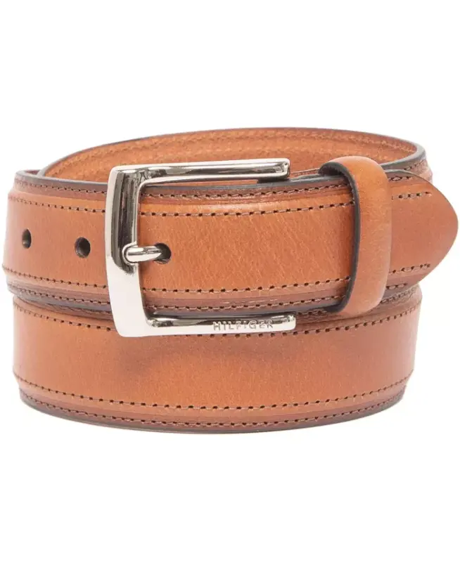 Men’s Stitched Classic Dress Leather Belt-Cognac - TOMMY HILFIGER