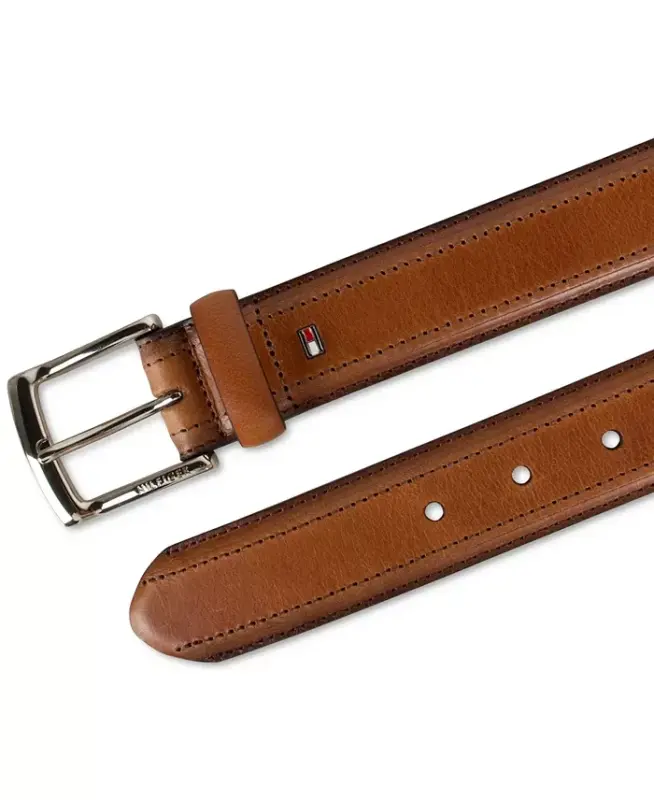 Men’s Stitched Classic Dress Leather Belt-Cognac - 4