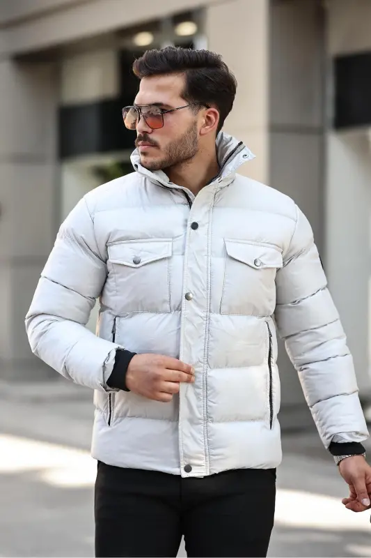 Men's Stone Regular Fit Stand-Up Collar Water and Windproof Puffer Jacket - STONE - 1