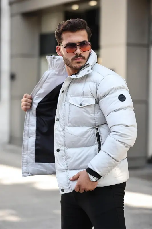 Men's Stone Regular Fit Stand-Up Collar Water and Windproof Puffer Jacket - STONE - 3