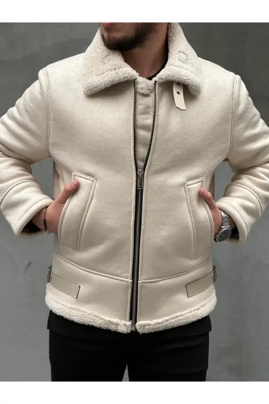 Men's Stone White Full Fur Lined Straight Zipper Napa Leather Jacket-White - 1