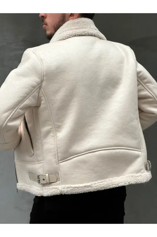 Men's Stone White Full Fur Lined Straight Zipper Napa Leather Jacket-White - 3