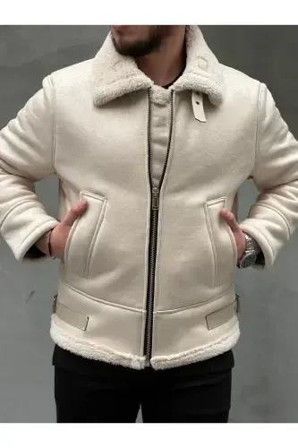 Men's Stone White Full Fur Lined Straight Zipper Napa Leather Jacket-White - 1