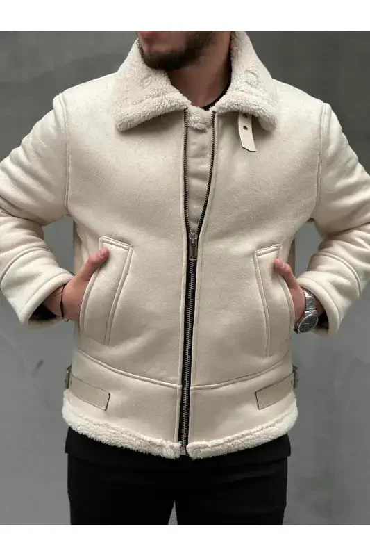 Men's Stone White Full Fur Lined Straight Zipper Napa Leather Jacket-White - 1