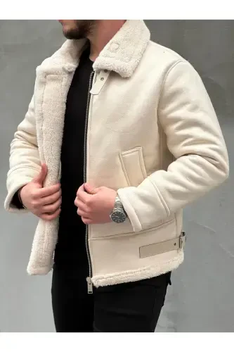 Men's Stone White Full Fur Lined Straight Zipper Napa Leather Jacket-White - 2