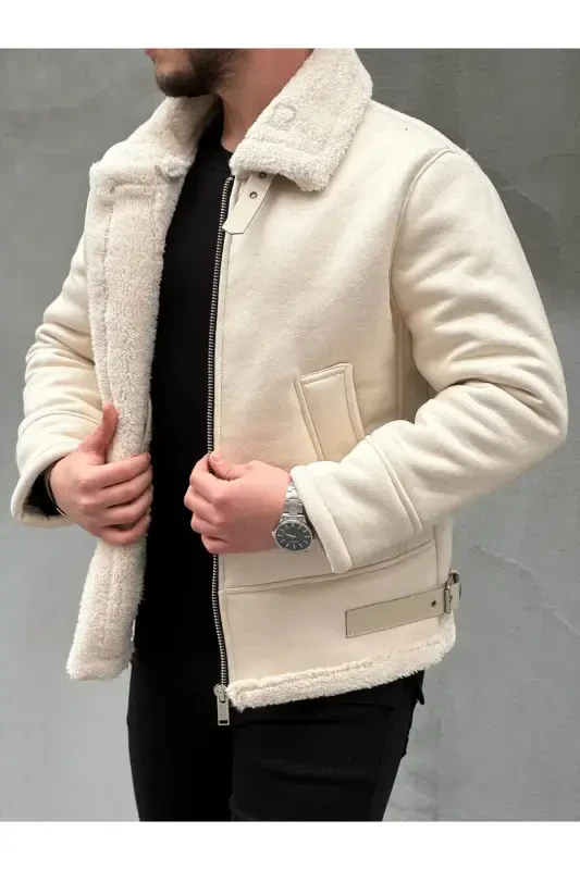 Men's Stone White Full Fur Lined Straight Zipper Napa Leather Jacket-White - 2