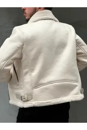 Men's Stone White Full Fur Lined Straight Zipper Napa Leather Jacket-White - 3