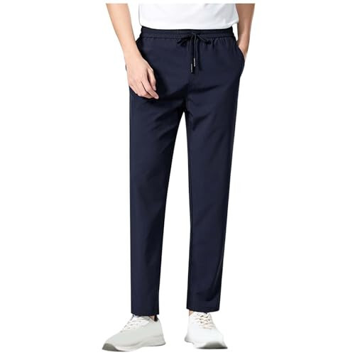 Men's Straight Cropped Pants Versatile Drawstring Elastic Waist Casual Pants Lightweight Soft Business Trousers - 1