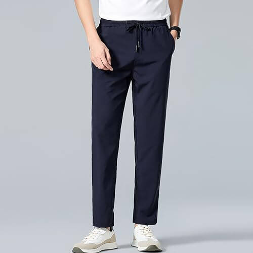 Men's Straight Cropped Pants Versatile Drawstring Elastic Waist Casual Pants Lightweight Soft Business Trousers - 3