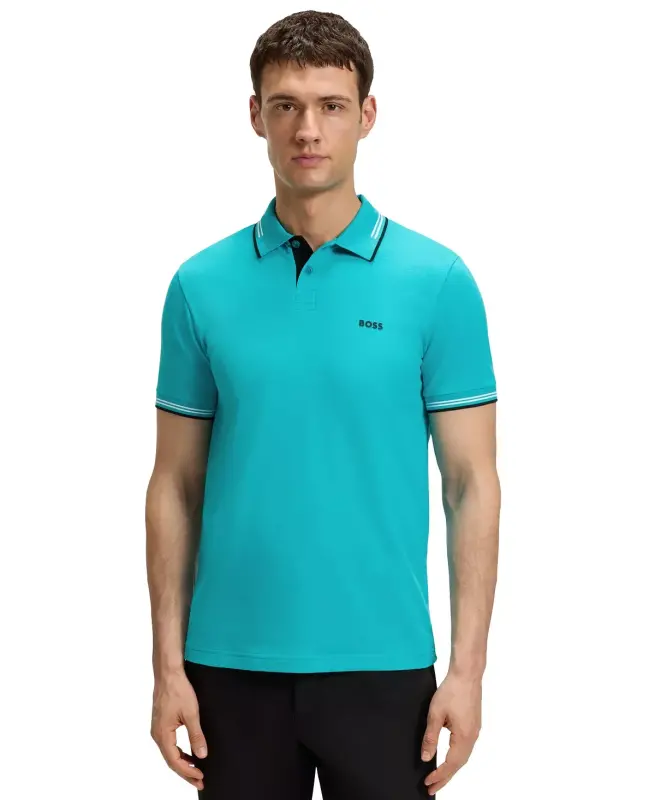 Men's Stretch-Cotton Slim-Fit Polo Shirt-Aqua - HUGO BOSS