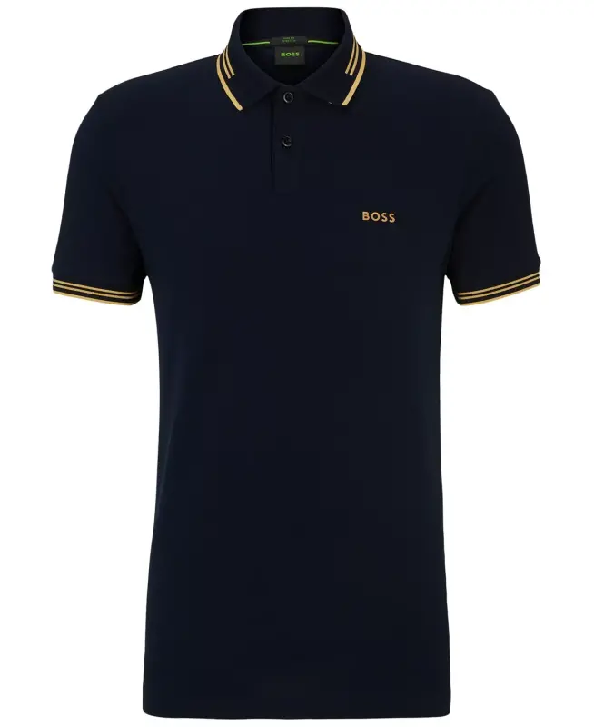 Men's Stretch-Cotton Slim-Fit Polo Shirt-Dark Blue, Yellow - 2