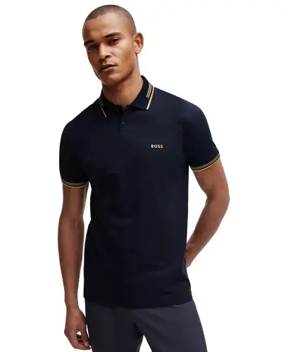 Men's Stretch-Cotton Slim-Fit Polo Shirt - Dark Blue, Yellow - 1