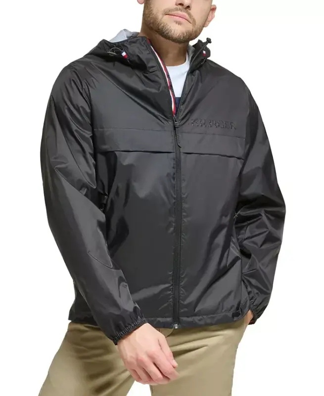 Men's Stretch Hooded Zip-Front Rain Jacket - Black - TOMMY HILFIGER